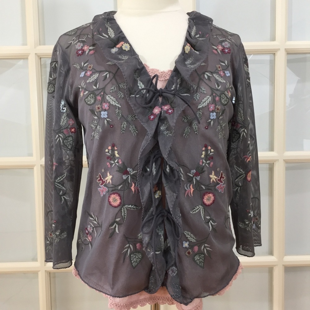 J.Jill Embroidered Floral Sheer Blouse Fluted Sleeve Top XS - Picture 13 of 15